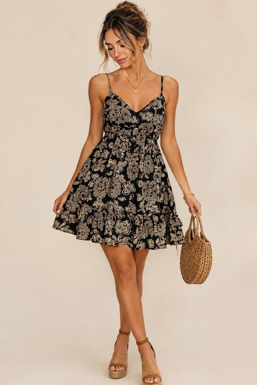 Charlotte Russe Black Floral Cotton Empire Waist Midi Dress Size Medium Boho